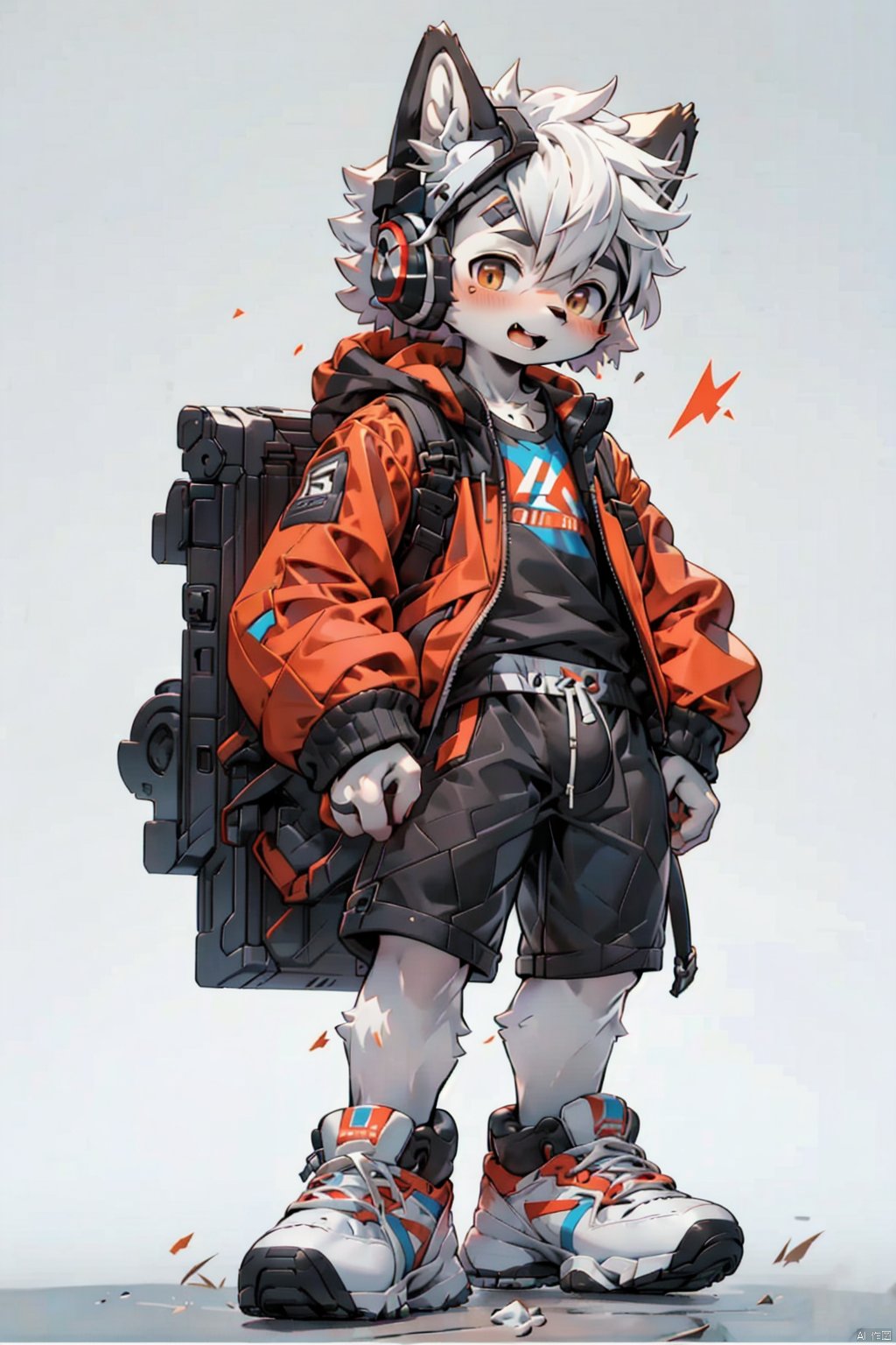  masterpiece,best quality,8K,1boy, male focus, solo, shorts, headphones, jacket, chibi, bag, shoes, brown eyes, white hair, full body, black shorts, bandaid, male child, looking at viewer, backpack, hood, standing, child, shirt, sneakers, short hair, black jacket, white shirt, grey background, closed mouth, open clothes, open jacket,red color, NJIP, furry, shota