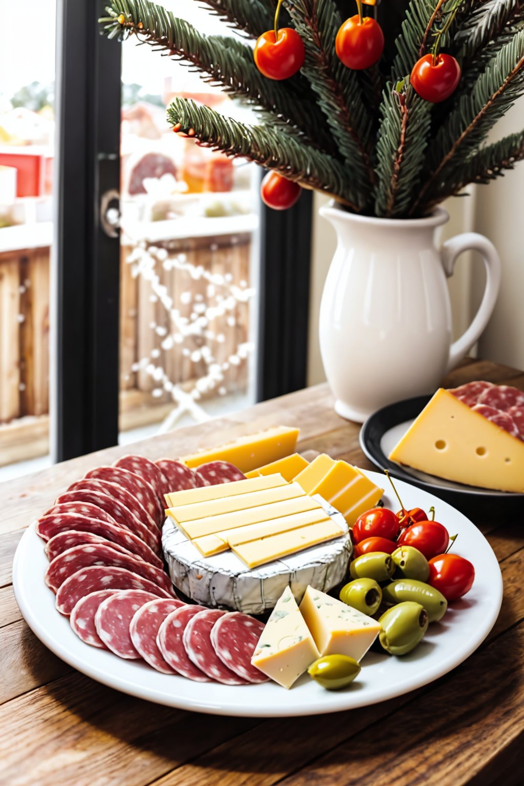 photo RAW,(a charcuterie board with the ingredients, including proscuitto, salami, smoked turkey, brie, cheddar cheese gouda cherry tomatoes, green olives aranged artistically in a christmas tree shape), masterpiece, award winning photography, natural light, perfect composition, high detail, hyper realistic,lens flare,Timeless Elegance, Classic Tones, Refined Lighting, depth of field,sharp focus