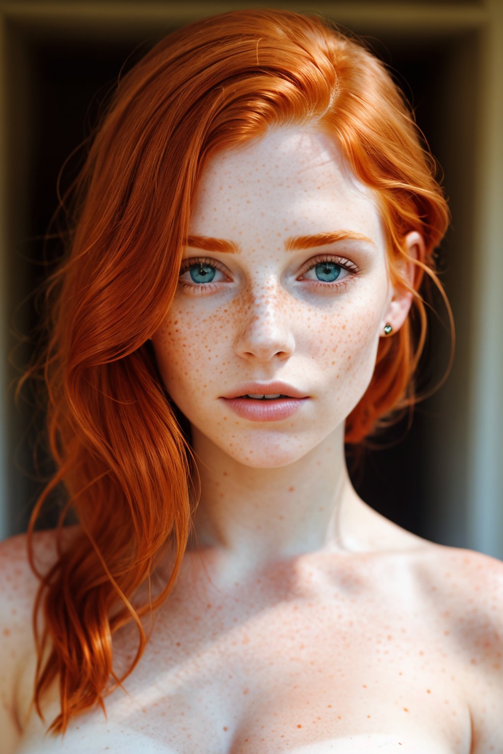 Photograph of a beautiful woman, redheaded ginger, alabaster skin, freckles,