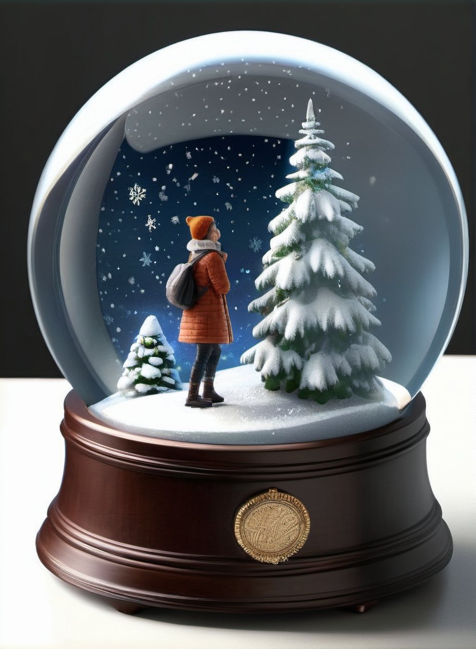 Intricate detailed, Cinematic composition, 8K, sharp focus, distinct_image, delicate and aesthetic, Cinematic light, Ray_tracing, concept art, high quality, (1girl), (cell shading:1.2), snowglobe, snow globe, simple_background