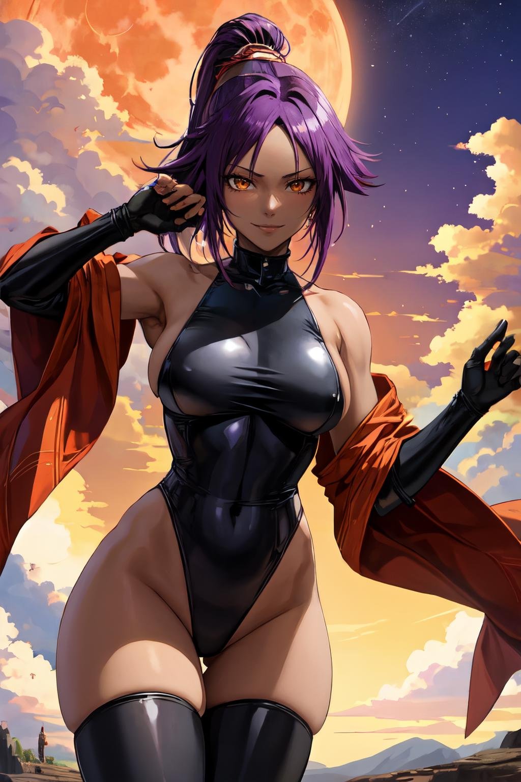 shihouin yoruichi,masterpiece, best quality, absurdres, perfect antomy, cowboy shot, standing, outdoors, 1girl, solo,  purple hair, looking at viewer, smile, black bodysuit, elbow gloves, muscular female, thighhighs, cloud, cloudy sky, orange sky, night, full moon,dark-skinned female, <lora:shihouin_yoruichi:0.8> 