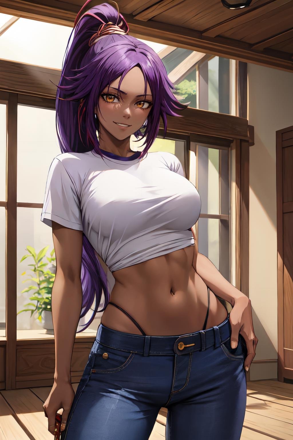 shihouin yoruichi,masterpiece, masterpiece, best quality, absurdres, perfect antomy, cowboy shot, standing, indoors, 1girl, solo, purple hair, looking at viewer, smile, t-shirt, midriff, toned, pants<lora:shihouin_yoruichi:1> 