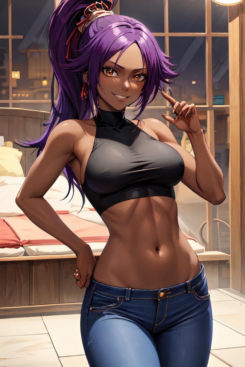 shihouin yoruichi,masterpiece, masterpiece, best quality, absurdres, perfect antomy, cowboy shot, 1girl, solo, purple hair,long hair, looking at viewer, smile, dark skin, Cropped flare jeans, crop top, mules<lora:shihouin_yoruichi:1> 