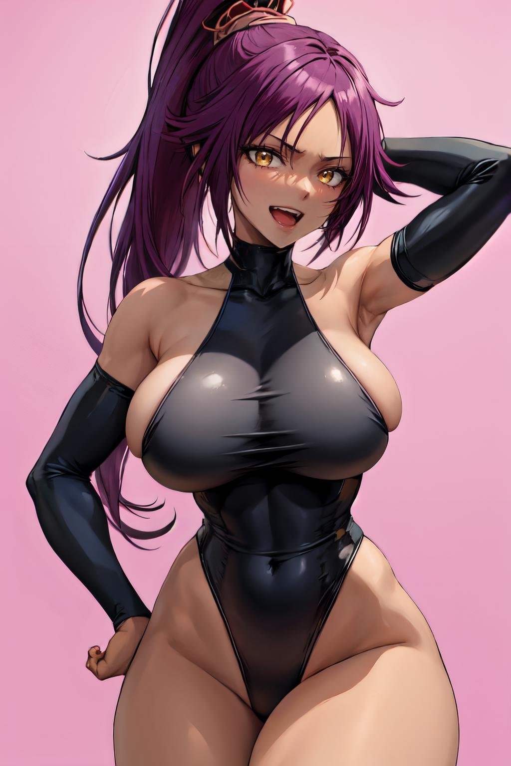 shihouin yoruichi, highleg leotard, 1girl, armpits, high ponytail, solo, bare shoulders, smile, looking at viewer, leotard, thighs, black leotard, hand on hip, arm behind head, large breasts, huge breasts, open mouth, pink background, detached sleeves, highleg, sideboob, arm up, simple background<lora:shihouin_yoruichi:1> 