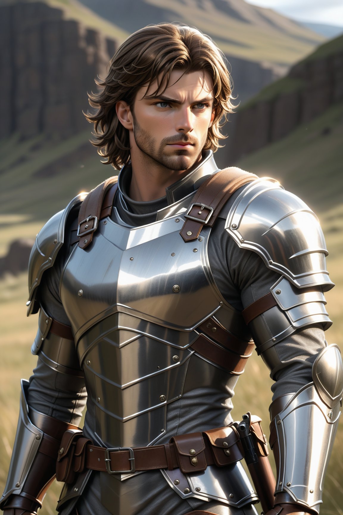 ((masterpiece), best quality, high quality, professional quality, highly detailed, highres, perfect lighting, natural lighting), (rugged soldier, fierce, slender, handsome, stubble, medium length hair, brown hair), wearing shiny, gray armor, waiting for battle,Anime Style