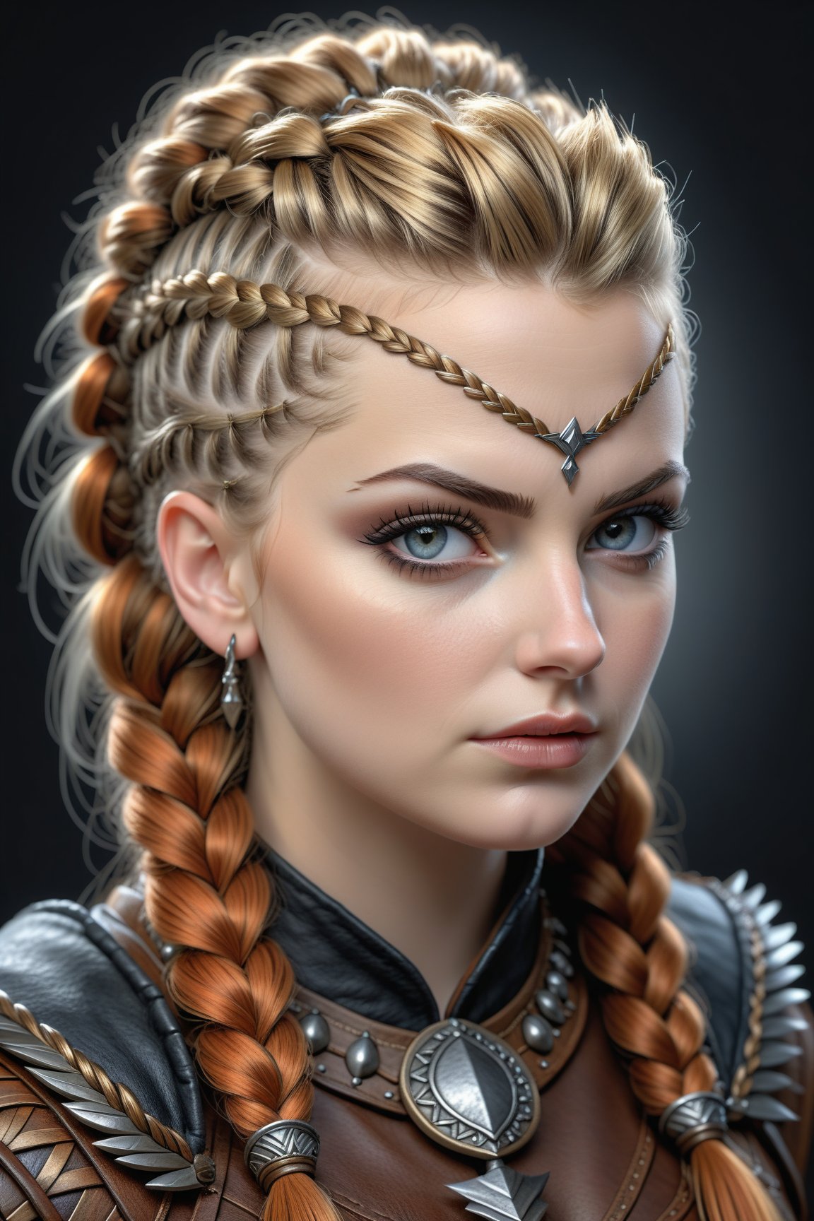 best quality, masterpiece, (photorealistic:1.25), portrait photo of adult female, (highly detailed face), norse mythology, french_braid mohawk, sharp details, (high detail skin), skin pores, hdr, professional studio photography