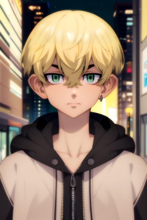 (best quality:1.1), (masterpiece:1.4), wallpaper, looking at viewer, , depth of field, , , 1boy, solo, male focus, <lora:chifuyu_matsuno:0.94>, chifuyu_matsuno, blonde hair, green eyes, , hair between eyes, , undercut, , decade costume, social science fiction, 16k resolution