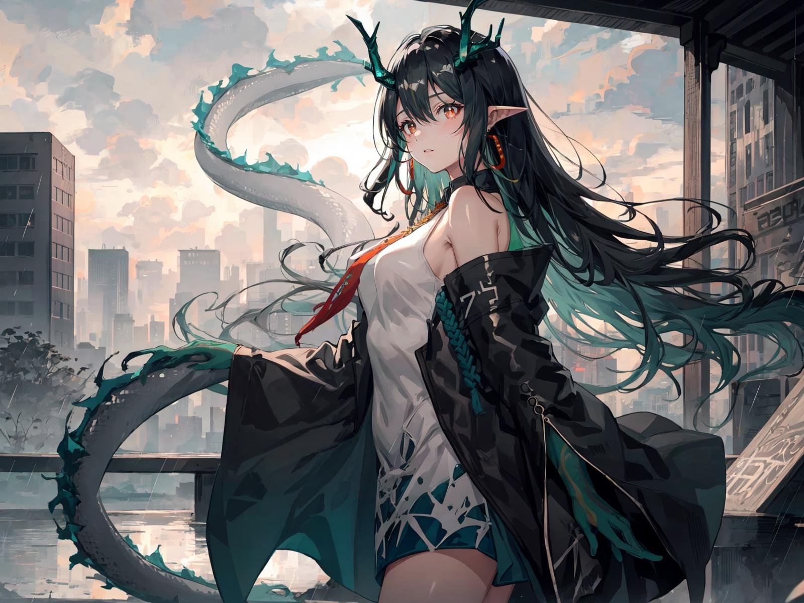 (extremely detailed CG, best quality:1.1), 1girl, perfect face, bright pupils, (finely detailed beautiful eyes:1.1), red eyes, shiny skin, lustrous skin, wide hips, narrow waist, multicolored hair, horns, dragon horns, pointy ears, jewelry, earrings, necktie, colored skin, green skin, (green hands:1.3), white dress, sleeveless dress, off shoulder, dragon tail, jacket, bead bracelet,�black�boots, rain, cloudy sky, outdoors, from side, floating hair, city, ruins,  <lora:Dusk:0.7>