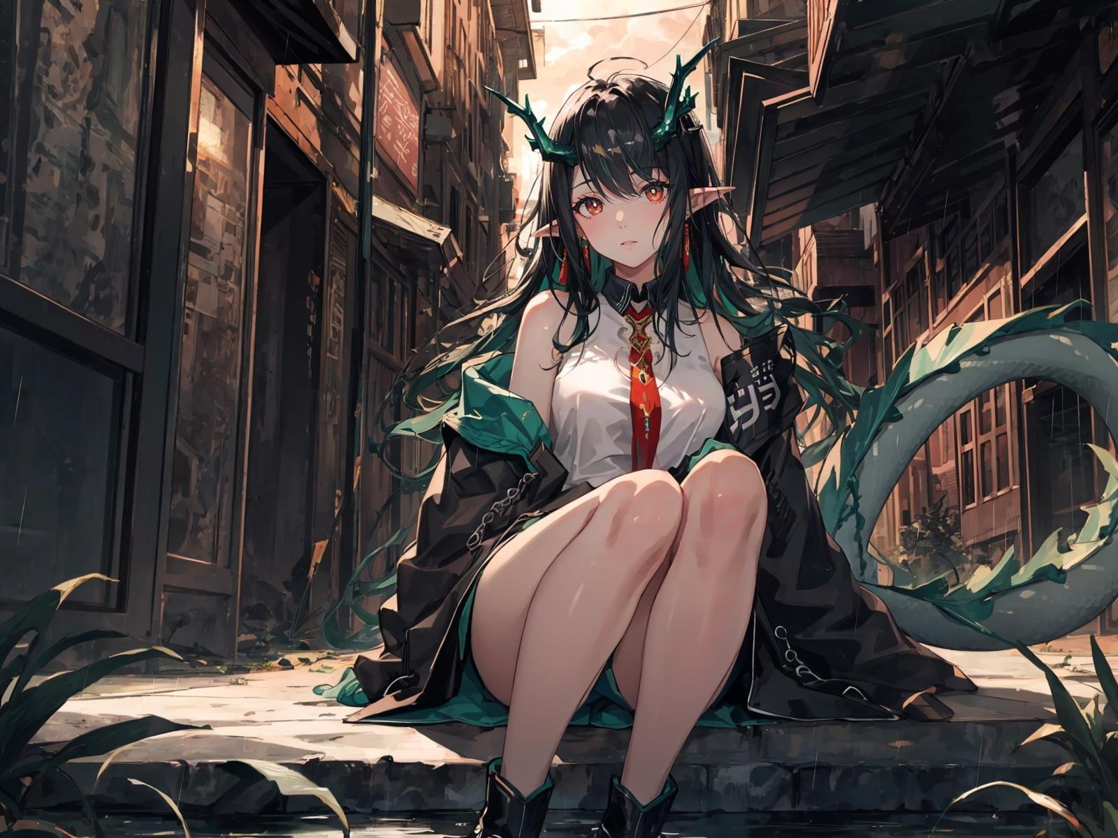 (extremely detailed CG, best quality:1.1), 1girl, perfect face, bright pupils, (finely detailed beautiful eyes:1.1), red eyes, shiny skin, lustrous skin, wide hips, narrow waist, multicolored hair, horns, dragon horns, pointy ears, jewelry, earrings, necktie, colored skin, green skin, (green hands:1.3), white dress, sleeveless dress, off shoulder, (tail:1.1), jacket, bead bracelet, black boots, rain, cloudy sky, outdoors, floating hair, city, ruins, destruction, twilight, sunset, full body, depth of field, sitting, on stairs, <lora:Dusk:0.7>