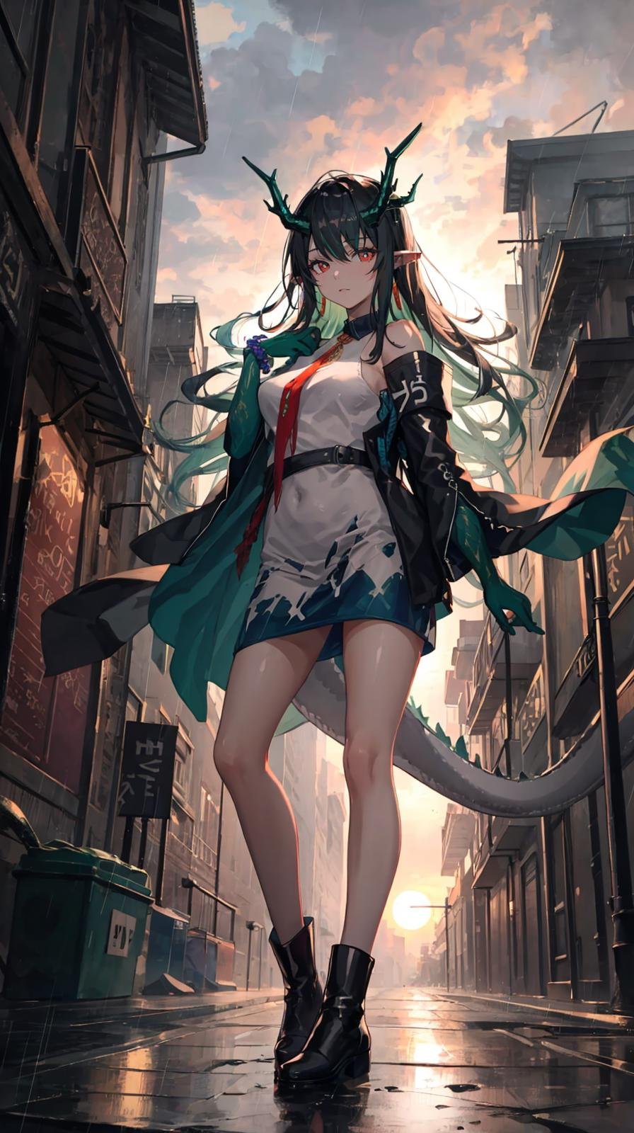 (extremely detailed CG, best quality:1.1), 1girl, perfect face, bright pupils, (finely detailed beautiful eyes:1.1), red eyes, shiny skin, lustrous skin, wide hips, narrow waist, multicolored hair, horns, dragon horns, pointy ears, jewelry, earrings, necktie, colored skin, green skin, (green hands:1.3), white dress, sleeveless dress, off shoulder, dragon tail, jacket, bead bracelet, black boots, rain, cloudy sky, outdoors, from side, floating hair, city, ruins, destruction, twilight, sunset, full body, depth of field, walking, <lora:Dusk:0.7>