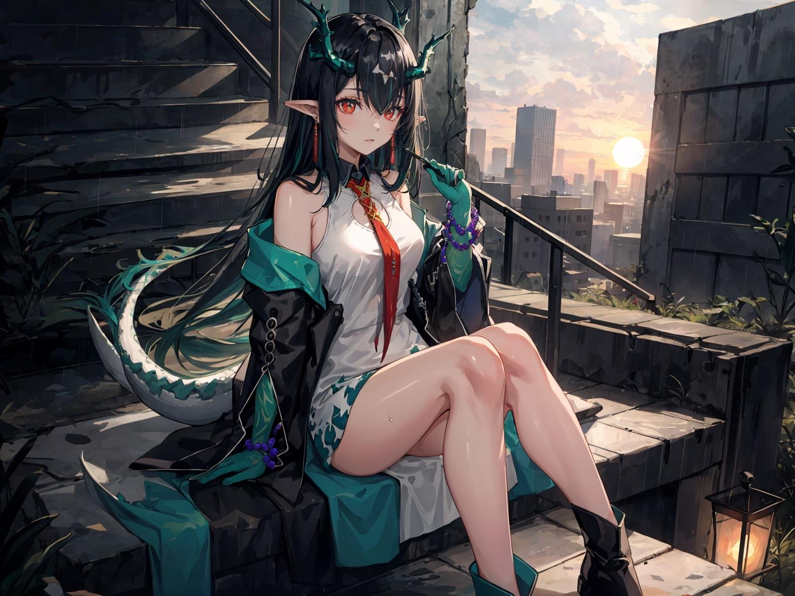 (extremely detailed CG, best quality:1.1), 1girl, perfect face, bright pupils, (finely detailed beautiful eyes:1.1), red eyes, shiny skin, lustrous skin, wide hips, narrow waist, multicolored hair, horns, dragon horns, pointy ears, jewelry, earrings, necktie, colored skin, green skin, (green hands:1.3), white dress, sleeveless dress, off shoulder, (tail:1.1), jacket, bead bracelet, black boots, rain, cloudy sky, outdoors, floating hair, city, ruins, destruction, twilight, sunset, full body, depth of field, sitting, on stairs, <lora:Dusk:0.7>