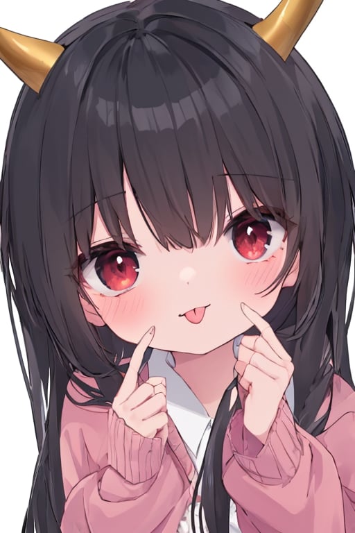 (masterpiece),(best quality), 

1girl, solo, long hair, looking at viewer, blush, simple background, black hair, red eyes, long sleeves, white background, animal ears, upper body, horns, tongue, tongue out, sweater, bright pupils, :p, white pupils, akanbe