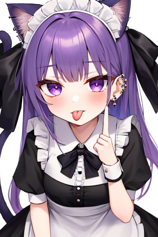 (masterpiece),(best quality), 

1girl, solo, long hair, looking at viewer, simple background, white background, dress, bow, animal ears, jewelry, purple eyes, tail, upper body, purple hair, short sleeves, heart, frills, tongue, cat ears, tongue out, bowtie, twitter username, apron, black dress, cat tail, plaid, maid, maid headdress, black bow, tattoo, fake animal ears, chain, ear piercing, white apron, maid apron, cuffs, frilled apron, plaid bow, middle finger, tongue piercing, lip piercing, plaid bowtie, akanbe