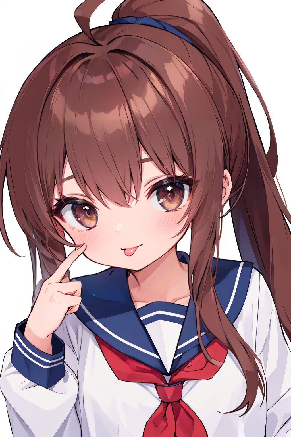 (masterpiece),(best quality), 

(closed mouth:1.1), upper body, ahoge,  (hand up:1.2), tongue out,  :p, akanbe,

1girl, solo, long hair, looking at viewer, simple background, brown hair, long sleeves, white background, brown eyes, school uniform, upper body, serafuku, tongue, tongue out, sailor collar, neckerchief, blue sailor collar, :p, red neckerchief, black sailor collar, folded ponytail, akanbe