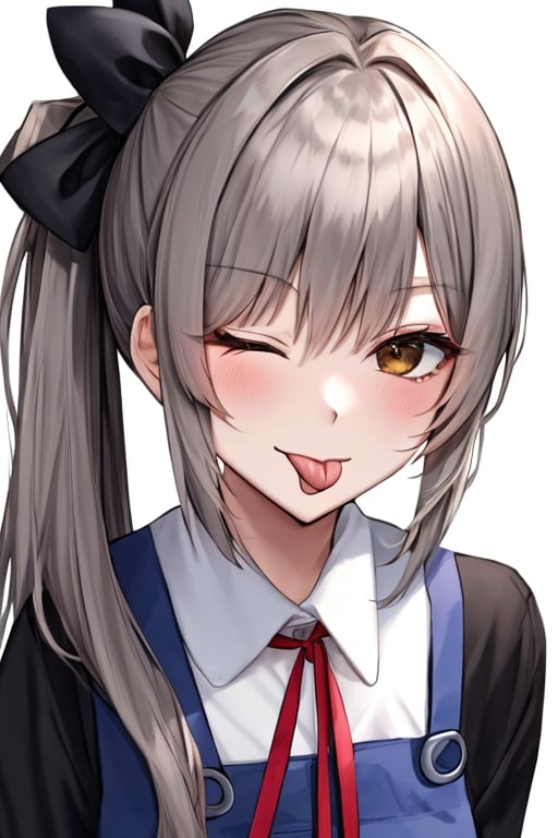 (masterpiece),(best quality), 

1girl, solo, long hair, looking at viewer, shirt, long sleeves, dress, ribbon, brown eyes, school uniform, hair ribbon, white shirt, upper body, grey hair, one eye closed, tongue, collared shirt, tongue out, side ponytail, red ribbon, black ribbon, neck ribbon, pinafore dress, ;p, akanbe