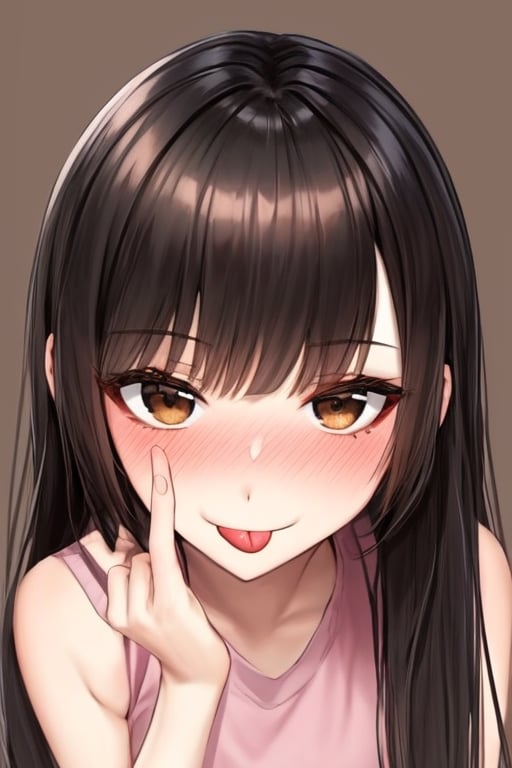 (masterpiece),(best quality), 

1girl, solo, long hair, looking at viewer, blush, smile, simple background, black hair, bare shoulders, brown eyes, closed mouth, upper body, sleeveless, tongue, hand up, tongue out, fingernails, bare arms, nose blush, :p, brown background, pink shirt, akanbe