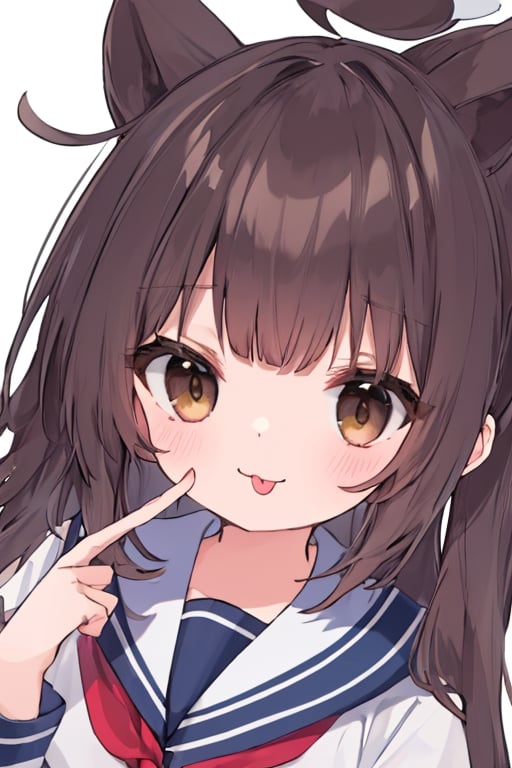 (masterpiece),(best quality), 

(closed mouth:1.1), upper body, ahoge,  (hand up:1.2), tongue out,  :p, akanbe, eyelid pull, 

1girl, solo, long hair, looking at viewer, simple background, brown hair, long sleeves, white background, brown eyes, school uniform, upper body, serafuku, tongue, tongue out, sailor collar, neckerchief, blue sailor collar, :p, red neckerchief, black sailor collar, folded ponytail, akanbe