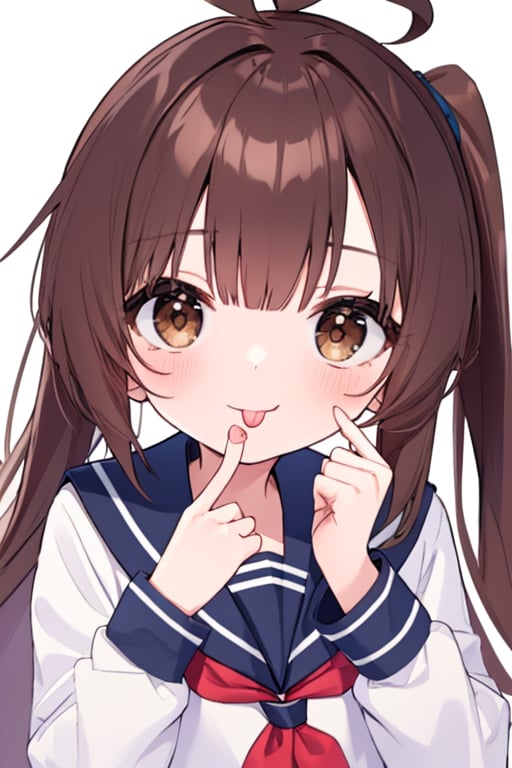 (masterpiece),(best quality), 

(closed mouth:1.1), upper body, ahoge,  (hand up:1.2), tongue out,  :p, akanbe, eyelid pull, 

1girl, solo, long hair, looking at viewer, simple background, brown hair, long sleeves, white background, brown eyes, school uniform, upper body, serafuku, tongue, tongue out, sailor collar, neckerchief, blue sailor collar, :p, red neckerchief, black sailor collar, folded ponytail, akanbe