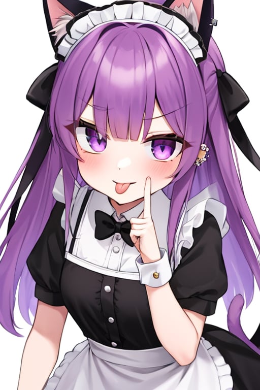 (masterpiece),(best quality), 

1girl, solo, long hair, looking at viewer, simple background, white background, dress, bow, animal ears, jewelry, purple eyes, tail, upper body, purple hair, short sleeves, heart, frills, tongue, cat ears, tongue out, bowtie, twitter username, apron, black dress, cat tail, plaid, maid, maid headdress, black bow, tattoo, fake animal ears, chain, ear piercing, white apron, maid apron, cuffs, frilled apron, plaid bow, middle finger, tongue piercing, lip piercing, plaid bowtie, akanbe