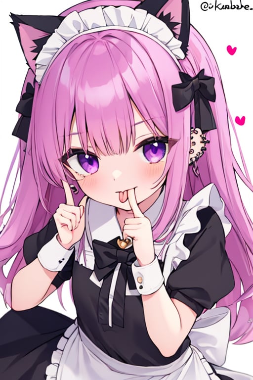 (masterpiece),(best quality), 

1girl, solo, long hair, looking at viewer, simple background, white background, dress, bow, animal ears, jewelry, purple eyes, tail, upper body, purple hair, short sleeves, heart, frills, tongue, cat ears, tongue out, bowtie, twitter username, apron, black dress, cat tail, plaid, maid, maid headdress, black bow, tattoo, fake animal ears, chain, ear piercing, white apron, maid apron, cuffs, frilled apron, plaid bow, middle finger, tongue piercing, lip piercing, plaid bowtie, akanbe