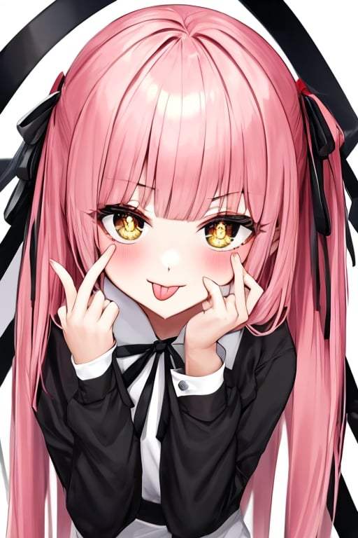 (masterpiece),(best quality), 

1girl, solo, long hair, looking at viewer, blush, simple background, shirt, long sleeves, white background, ribbon, yellow eyes, upper body, pink hair, tongue, tongue out, symbol-shaped pupils, black ribbon, neck ribbon, :p, akanbe