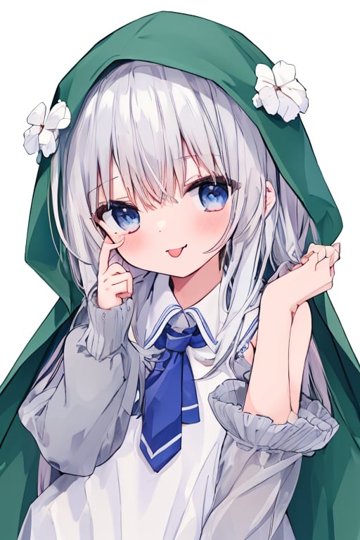 (masterpiece),(best quality), 

1girl, solo, looking at viewer, blush, blue eyes, simple background, shirt, long sleeves, white background, hair between eyes, closed mouth, white shirt, upper body, white hair, detached sleeves, one eye closed, sleeveless, tongue, puffy sleeves, collared shirt, hand up, hood, tongue out, cape, sleeves past wrists, sleeveless shirt, hood down, puffy long sleeves, black sleeves, black cape, see-through sleeves, ;p, blue ascot, hooded cape, akanbe