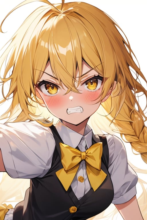 (masterpiece),(best quality), 

1girl, solo, long hair, looking at viewer, blush, blonde hair, simple background, shirt, white background, bow, hair between eyes, yellow eyes, white shirt, upper body, braid, ahoge, short sleeves, hair bow, teeth, puffy sleeves, vest, puffy short sleeves, single braid, buttons, white bow, clenched teeth, messy hair, no headwear, angry, black vest, akanbe