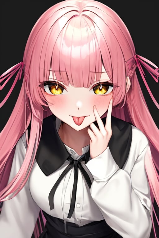 (masterpiece),(best quality), 

1girl, solo, long hair, looking at viewer, blush, simple background, shirt, long sleeves, white background, ribbon, yellow eyes, upper body, pink hair, tongue, tongue out, symbol-shaped pupils, black ribbon, neck ribbon, :p, akanbe