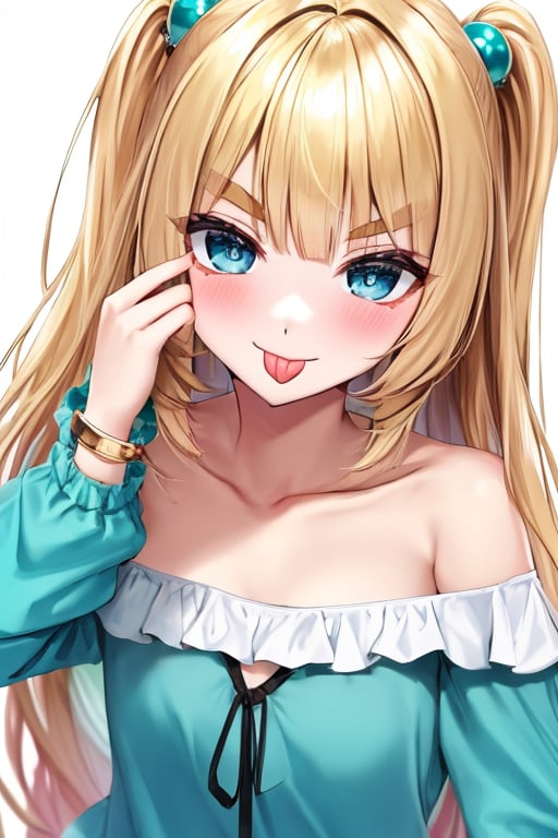 (masterpiece),(best quality), 

1girl, solo, long hair, looking at viewer, blush, smile, blue eyes, blonde hair, simple background, shirt, hair ornament, white background, bare shoulders, jewelry, collarbone, upper body, heart, frills, tongue, tongue out, off shoulder, bracelet, aqua eyes, v-shaped eyebrows, one side up, :p, heart hair ornament, off-shoulder shirt, akanbe