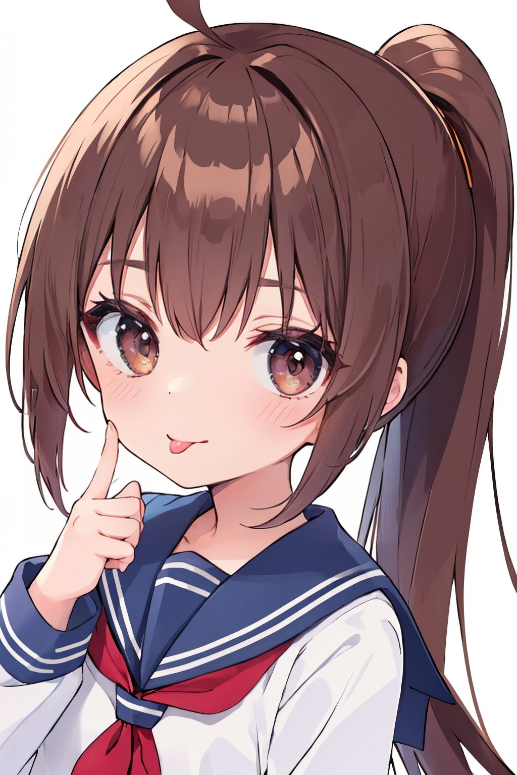 (masterpiece),(best quality), 

(closed mouth:1.1), upper body, ahoge,  (hand up:1.2), tongue out,  :p, akanbe,

1girl, solo, long hair, looking at viewer, simple background, brown hair, long sleeves, white background, brown eyes, school uniform, upper body, serafuku, tongue, tongue out, sailor collar, neckerchief, blue sailor collar, :p, red neckerchief, black sailor collar, folded ponytail, akanbe