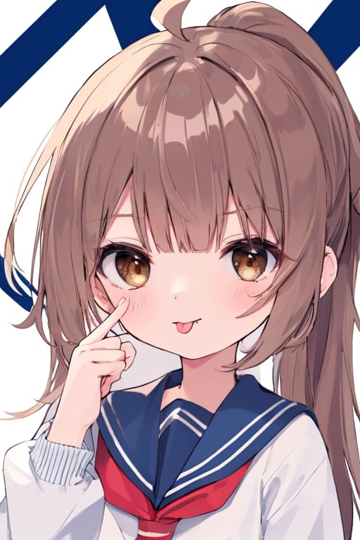 (masterpiece),(best quality), 

(closed mouth:1.1), upper body, ahoge,  (hand up:1.2), tongue out,  :p, akanbe, eyelid pull, 

1girl, solo, long hair, looking at viewer, simple background, brown hair, long sleeves, white background, brown eyes, school uniform, upper body, serafuku, tongue, tongue out, sailor collar, neckerchief, blue sailor collar, :p, red neckerchief, black sailor collar, folded ponytail, akanbe