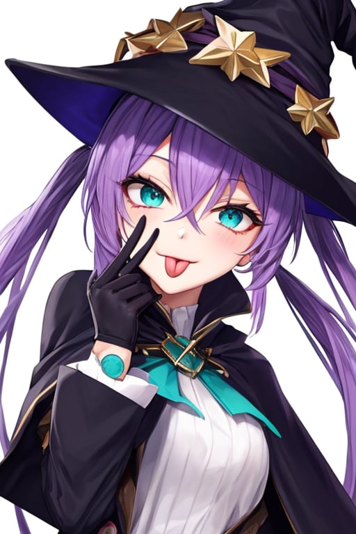 (masterpiece),(best quality), 

1girl, solo, long hair, looking at viewer, simple background, gloves, long sleeves, hat, white background, hair between eyes, twintails, upper body, purple hair, tongue, black gloves, tongue out, aqua eyes, capelet, witch hat, :p, akanbe