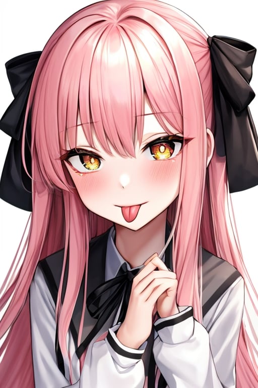 (masterpiece),(best quality), 

1girl, solo, long hair, looking at viewer, blush, simple background, shirt, long sleeves, white background, ribbon, yellow eyes, upper body, pink hair, tongue, tongue out, symbol-shaped pupils, black ribbon, neck ribbon, :p, akanbe