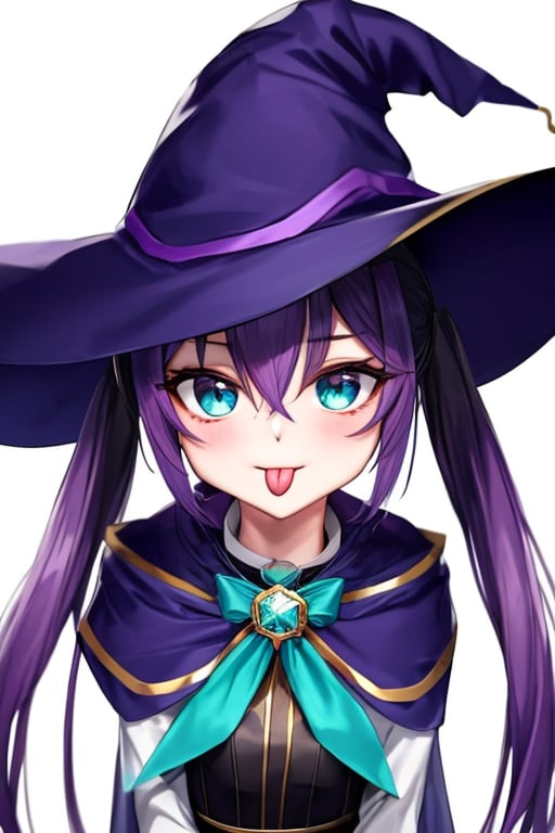 (masterpiece),(best quality), 

1girl, solo, long hair, looking at viewer, simple background, gloves, long sleeves, hat, white background, hair between eyes, twintails, upper body, purple hair, tongue, black gloves, tongue out, aqua eyes, capelet, witch hat, :p, akanbe