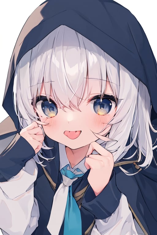 (masterpiece),(best quality), 

1girl, solo, looking at viewer, blush, blue eyes, simple background, shirt, long sleeves, white background, hair between eyes, closed mouth, white shirt, upper body, white hair, detached sleeves, one eye closed, sleeveless, tongue, puffy sleeves, collared shirt, hand up, hood, tongue out, cape, sleeves past wrists, sleeveless shirt, hood down, puffy long sleeves, black sleeves, black cape, see-through sleeves, ;p, blue ascot, hooded cape, akanbe