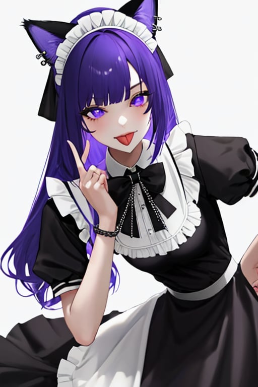 (masterpiece),(best quality), 

1girl, solo, long hair, looking at viewer, simple background, white background, dress, bow, animal ears, jewelry, purple eyes, tail, upper body, purple hair, short sleeves, heart, frills, tongue, cat ears, tongue out, bowtie, twitter username, apron, black dress, cat tail, plaid, maid, maid headdress, black bow, tattoo, fake animal ears, chain, ear piercing, white apron, maid apron, cuffs, frilled apron, plaid bow, middle finger, tongue piercing, lip piercing, plaid bowtie, akanbe