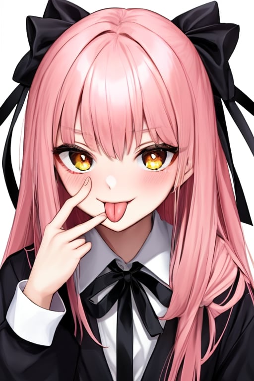 (masterpiece),(best quality), 

1girl, solo, long hair, looking at viewer, blush, simple background, shirt, long sleeves, white background, ribbon, yellow eyes, upper body, pink hair, tongue, tongue out, symbol-shaped pupils, black ribbon, neck ribbon, :p, akanbe