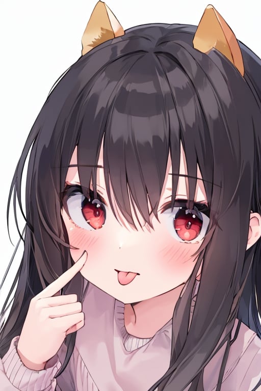 (masterpiece),(best quality), 

1girl, solo, long hair, looking at viewer, blush, simple background, black hair, red eyes, long sleeves, white background, animal ears, upper body, horns, tongue, tongue out, sweater, bright pupils, :p, white pupils, akanbe