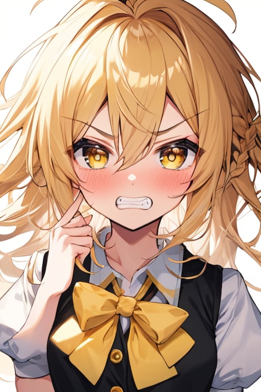 (masterpiece),(best quality), 

1girl, solo, long hair, looking at viewer, blush, blonde hair, simple background, shirt, white background, bow, hair between eyes, yellow eyes, white shirt, upper body, braid, ahoge, short sleeves, hair bow, teeth, puffy sleeves, vest, puffy short sleeves, single braid, buttons, white bow, clenched teeth, messy hair, no headwear, angry, black vest, akanbe