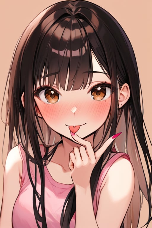 (masterpiece),(best quality), 

1girl, solo, long hair, looking at viewer, blush, smile, simple background, black hair, bare shoulders, brown eyes, closed mouth, upper body, sleeveless, tongue, hand up, tongue out, fingernails, bare arms, nose blush, :p, brown background, pink shirt, akanbe