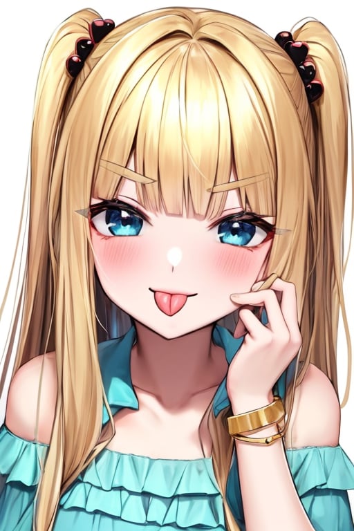 (masterpiece),(best quality), 

1girl, solo, long hair, looking at viewer, blush, smile, blue eyes, blonde hair, simple background, shirt, hair ornament, white background, bare shoulders, jewelry, collarbone, upper body, heart, frills, tongue, tongue out, off shoulder, bracelet, aqua eyes, v-shaped eyebrows, one side up, :p, heart hair ornament, off-shoulder shirt, akanbe