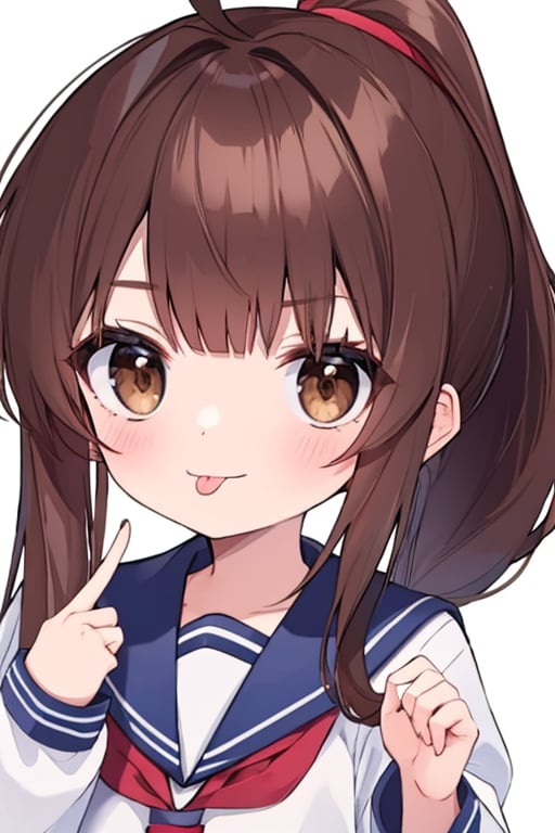 (masterpiece),(best quality), 

(closed mouth:1.1), upper body, ahoge,  (hand up:1.2), tongue out,  :p, akanbe, eyelid pull, 

1girl, solo, long hair, looking at viewer, simple background, brown hair, long sleeves, white background, brown eyes, school uniform, upper body, serafuku, tongue, tongue out, sailor collar, neckerchief, blue sailor collar, :p, red neckerchief, black sailor collar, folded ponytail, akanbe