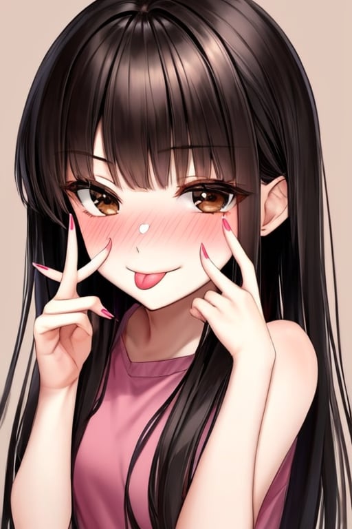 (masterpiece),(best quality), 

1girl, solo, long hair, looking at viewer, blush, smile, simple background, black hair, bare shoulders, brown eyes, closed mouth, upper body, sleeveless, tongue, hand up, tongue out, fingernails, bare arms, nose blush, :p, brown background, pink shirt, akanbe