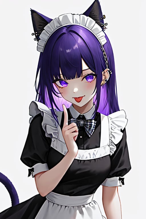 (masterpiece),(best quality), 

1girl, solo, long hair, looking at viewer, simple background, white background, dress, bow, animal ears, jewelry, purple eyes, tail, upper body, purple hair, short sleeves, heart, frills, tongue, cat ears, tongue out, bowtie, twitter username, apron, black dress, cat tail, plaid, maid, maid headdress, black bow, tattoo, fake animal ears, chain, ear piercing, white apron, maid apron, cuffs, frilled apron, plaid bow, middle finger, tongue piercing, lip piercing, plaid bowtie, akanbe