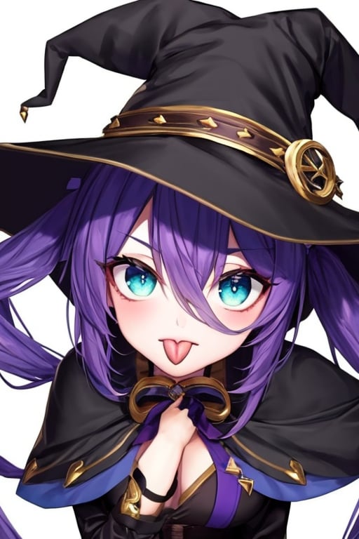 (masterpiece),(best quality), 

1girl, solo, long hair, looking at viewer, simple background, gloves, long sleeves, hat, white background, hair between eyes, twintails, upper body, purple hair, tongue, black gloves, tongue out, aqua eyes, capelet, witch hat, :p, akanbe