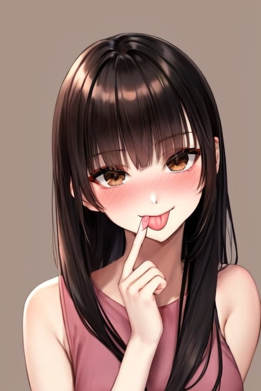 (masterpiece),(best quality), 

1girl, solo, long hair, looking at viewer, blush, smile, simple background, black hair, bare shoulders, brown eyes, closed mouth, upper body, sleeveless, tongue, hand up, tongue out, fingernails, bare arms, nose blush, :p, brown background, pink shirt, akanbe