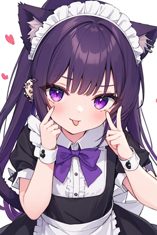 (masterpiece),(best quality), 

1girl, solo, long hair, looking at viewer, simple background, white background, dress, bow, animal ears, jewelry, purple eyes, tail, upper body, purple hair, short sleeves, heart, frills, tongue, cat ears, tongue out, bowtie, twitter username, apron, black dress, cat tail, plaid, maid, maid headdress, black bow, tattoo, fake animal ears, chain, ear piercing, white apron, maid apron, cuffs, frilled apron, plaid bow, middle finger, tongue piercing, lip piercing, plaid bowtie, akanbe