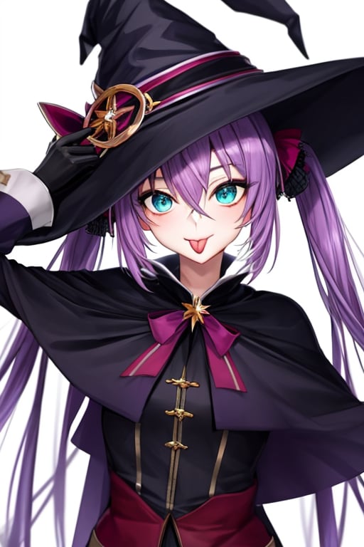 (masterpiece),(best quality), 

1girl, solo, long hair, looking at viewer, simple background, gloves, long sleeves, hat, white background, hair between eyes, twintails, upper body, purple hair, tongue, black gloves, tongue out, aqua eyes, capelet, witch hat, :p, akanbe