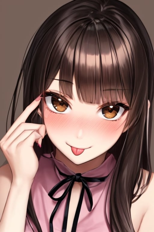 (masterpiece),(best quality), 

1girl, solo, long hair, looking at viewer, blush, smile, simple background, black hair, bare shoulders, brown eyes, closed mouth, upper body, sleeveless, tongue, hand up, tongue out, fingernails, bare arms, nose blush, :p, brown background, pink shirt, akanbe