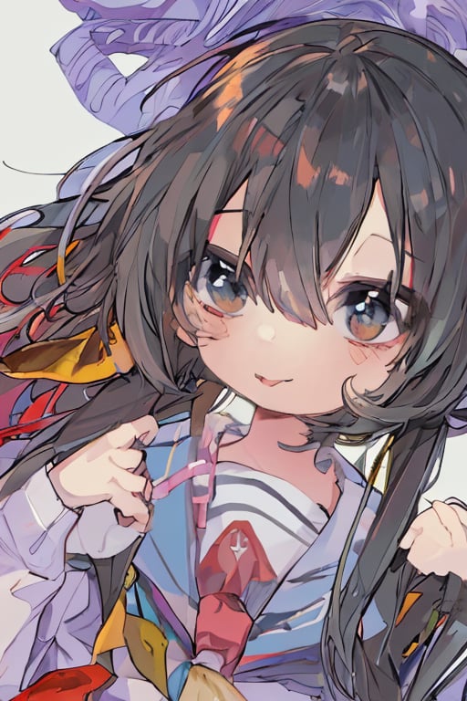 (masterpiece),(best quality), 

(closed mouth:1.1), upper body, ahoge,  (hand up:1.2), tongue out,  :p, akanbe, eyelid pull, 

1girl, solo, long hair, looking at viewer, simple background, brown hair, long sleeves, white background, brown eyes, school uniform, upper body, serafuku, tongue, tongue out, sailor collar, neckerchief, blue sailor collar, :p, red neckerchief, black sailor collar, folded ponytail, akanbe